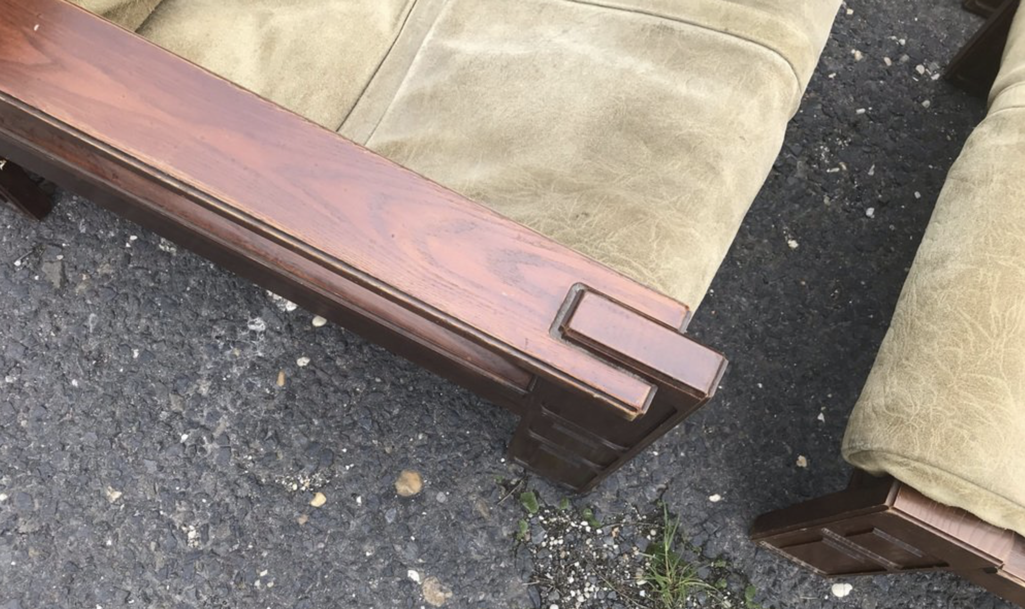 Fauteuils en bois et cuir avec pouf, ensemble de 4