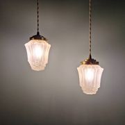 Pair of Art Deco Skyscraper-style pendant lights in frosted glass, 1920-30