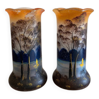 Pair of Art Nouveau painted glass vases