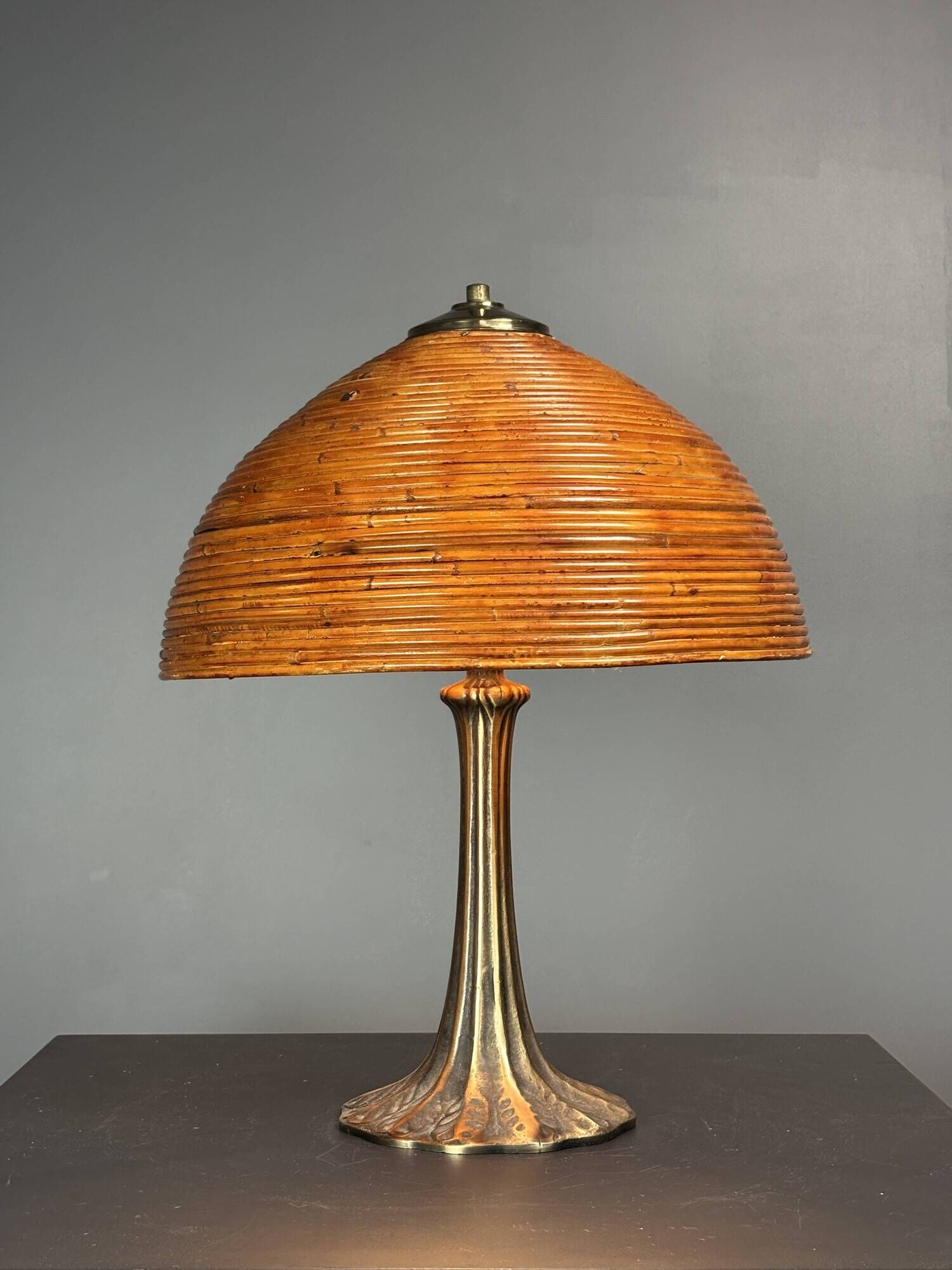 Midcentury mushroom pencil reed rattan bamboo and brass table lamp, 1970s