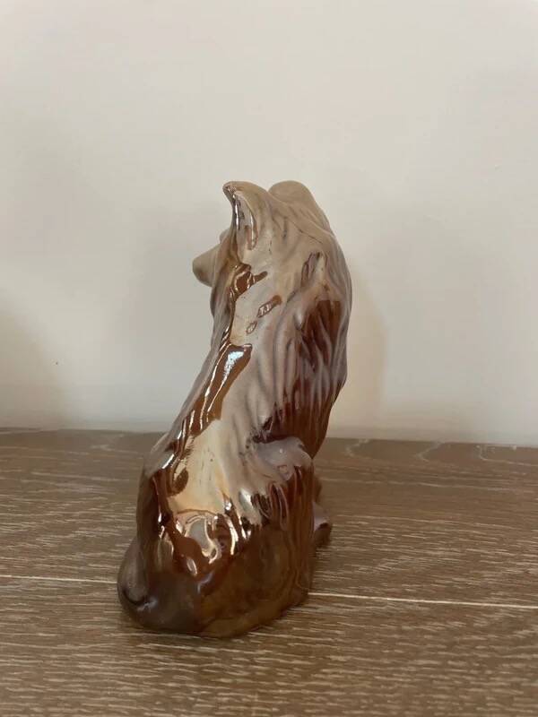 Vintage brown handmade ceramic Collie dog figurine decoration.