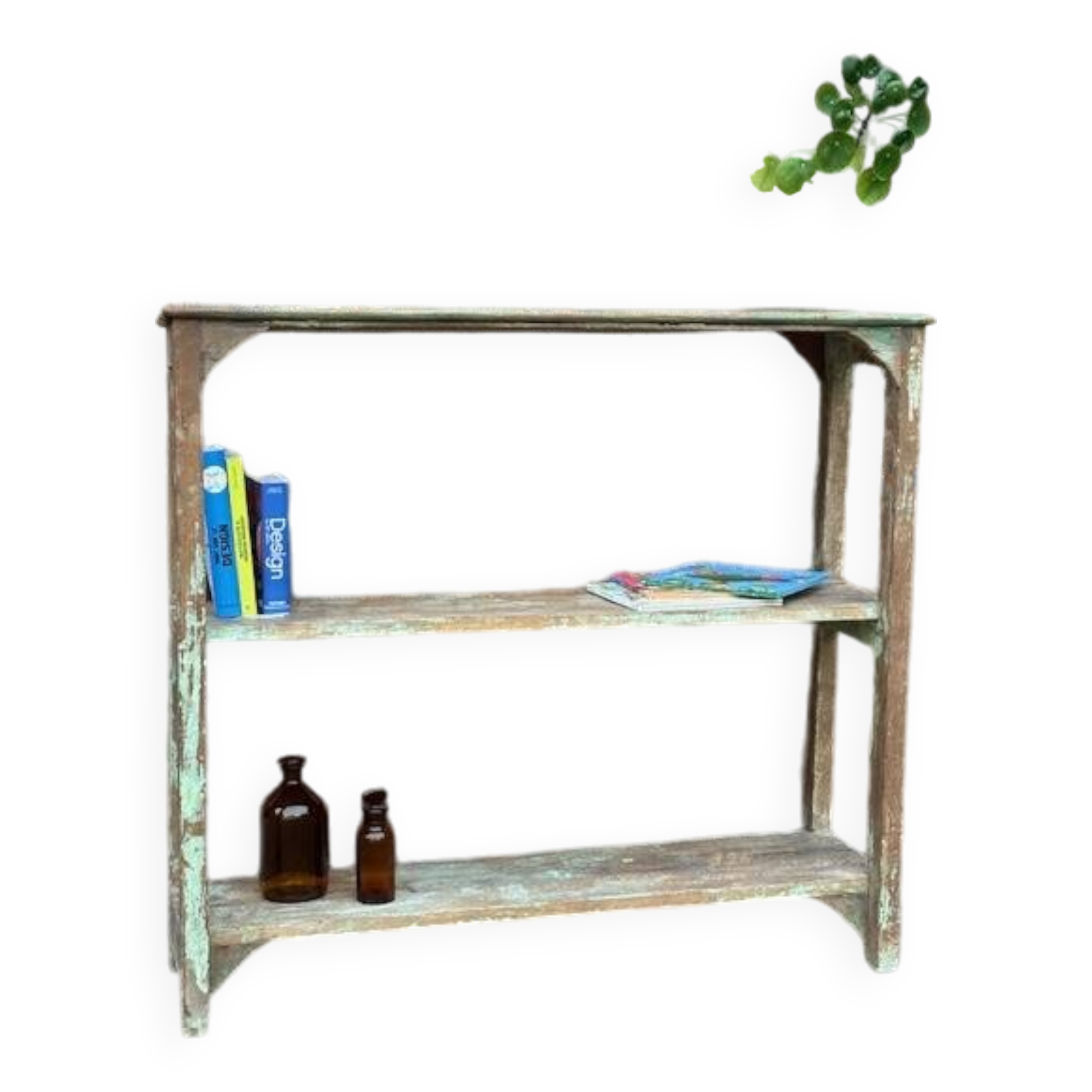 Teak shelves with a green patina