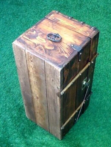 Antique travel chest Wood studded / wrapped in leather Brass lock with key (functional)