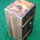 Antique travel chest Wood studded / wrapped in leather Brass lock with key (functional)