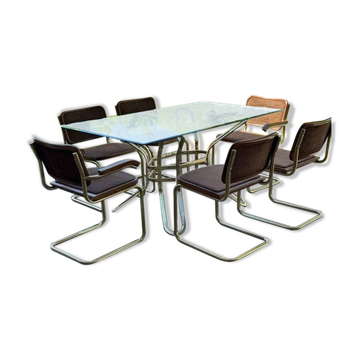 Italian brass dining set with table and chairs, 1970s, set of 7