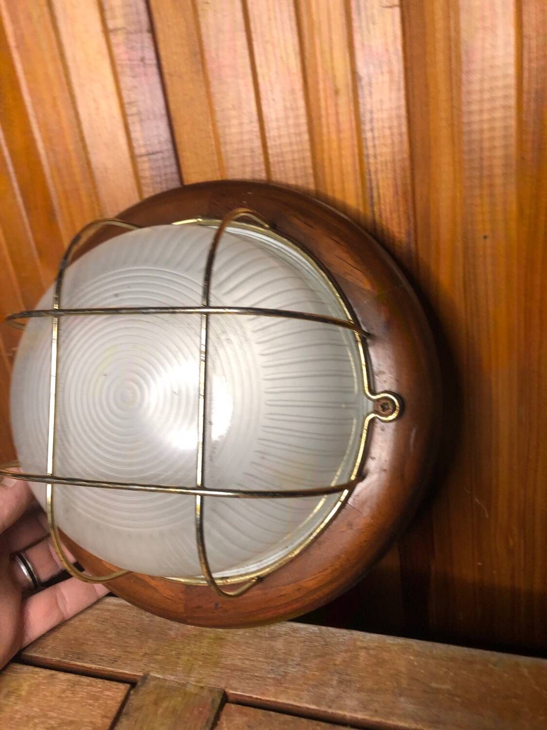 Old marine style ceiling light molded glass wood contour gold metal reinforcement #a624