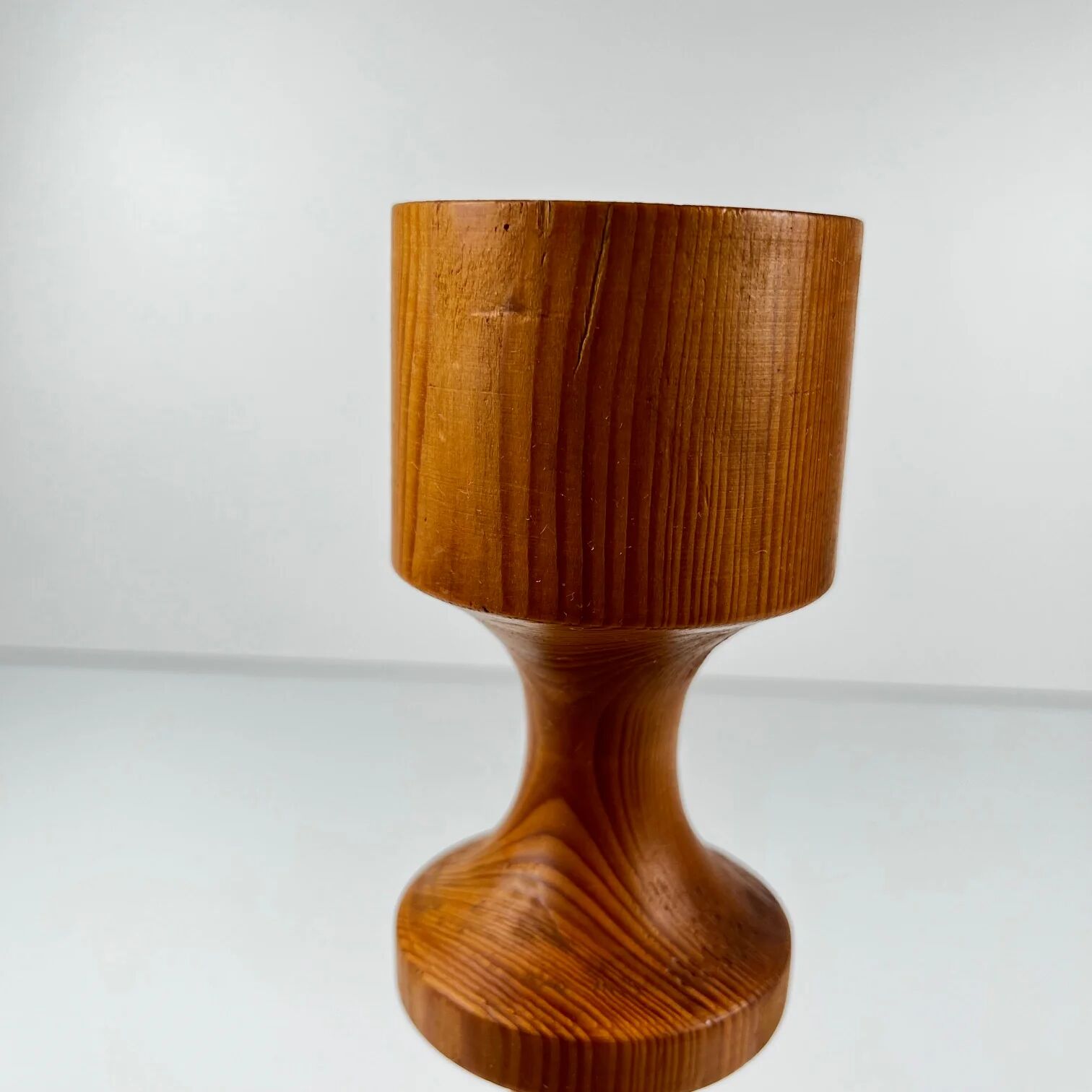 Turned wooden candlestick, pine, Midcentury Modern, 1970