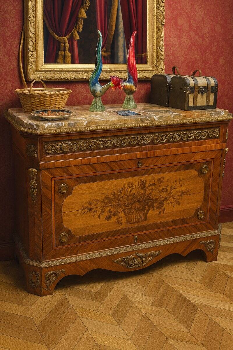 Marquetry commode Napoleon III – Marble top – Gilded bronzes