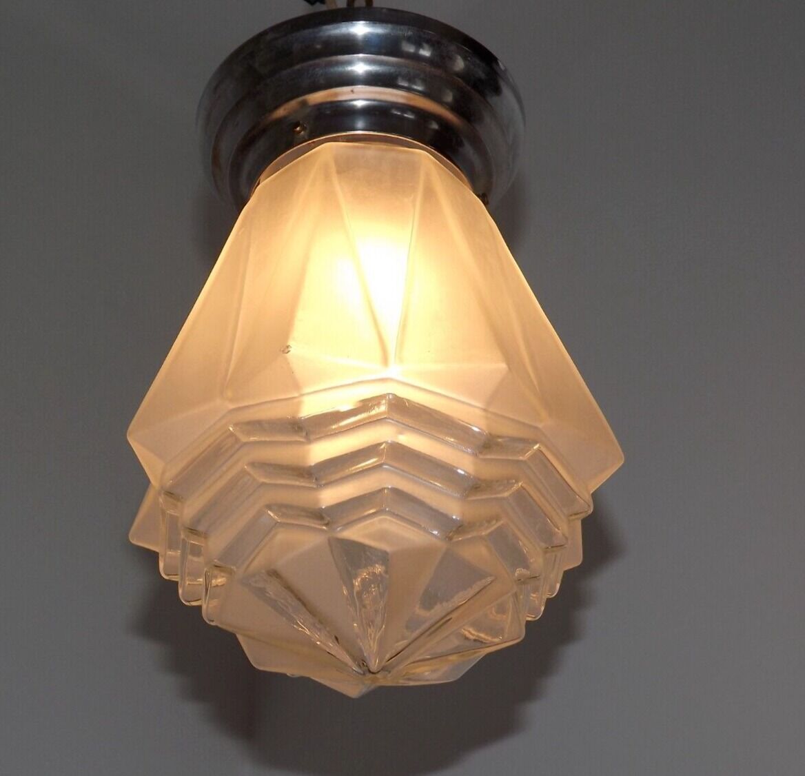 French 1920's-1940's art deco milk glass skyscraper tiered light fixture 3995