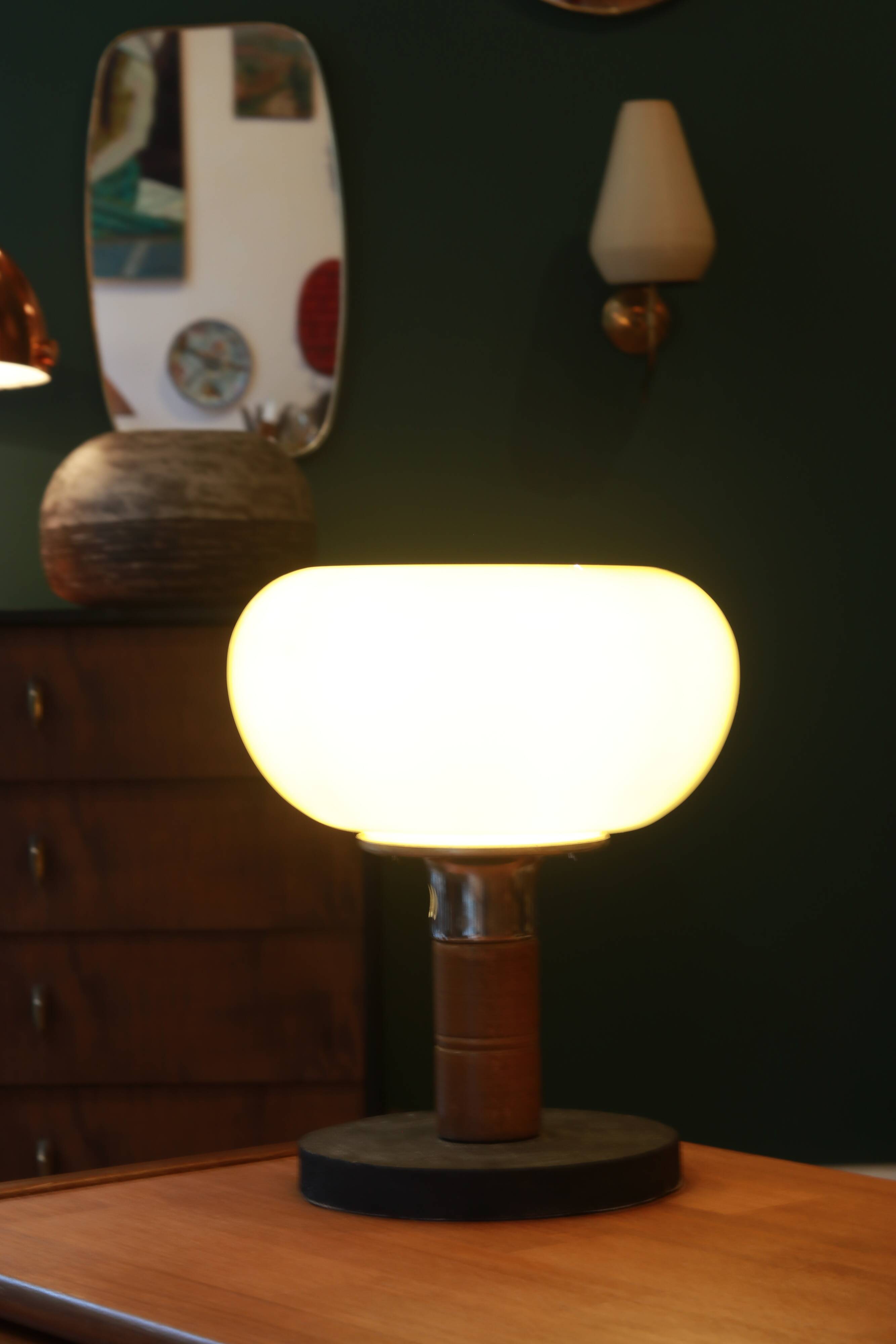 Mid-century vintage lamp — amber glass globe, 1960s