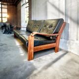 VINTAGE LEATHER SOFA / THREE-SEATER SOFA WITH TEAK FRAME L 203 W 89 H 77