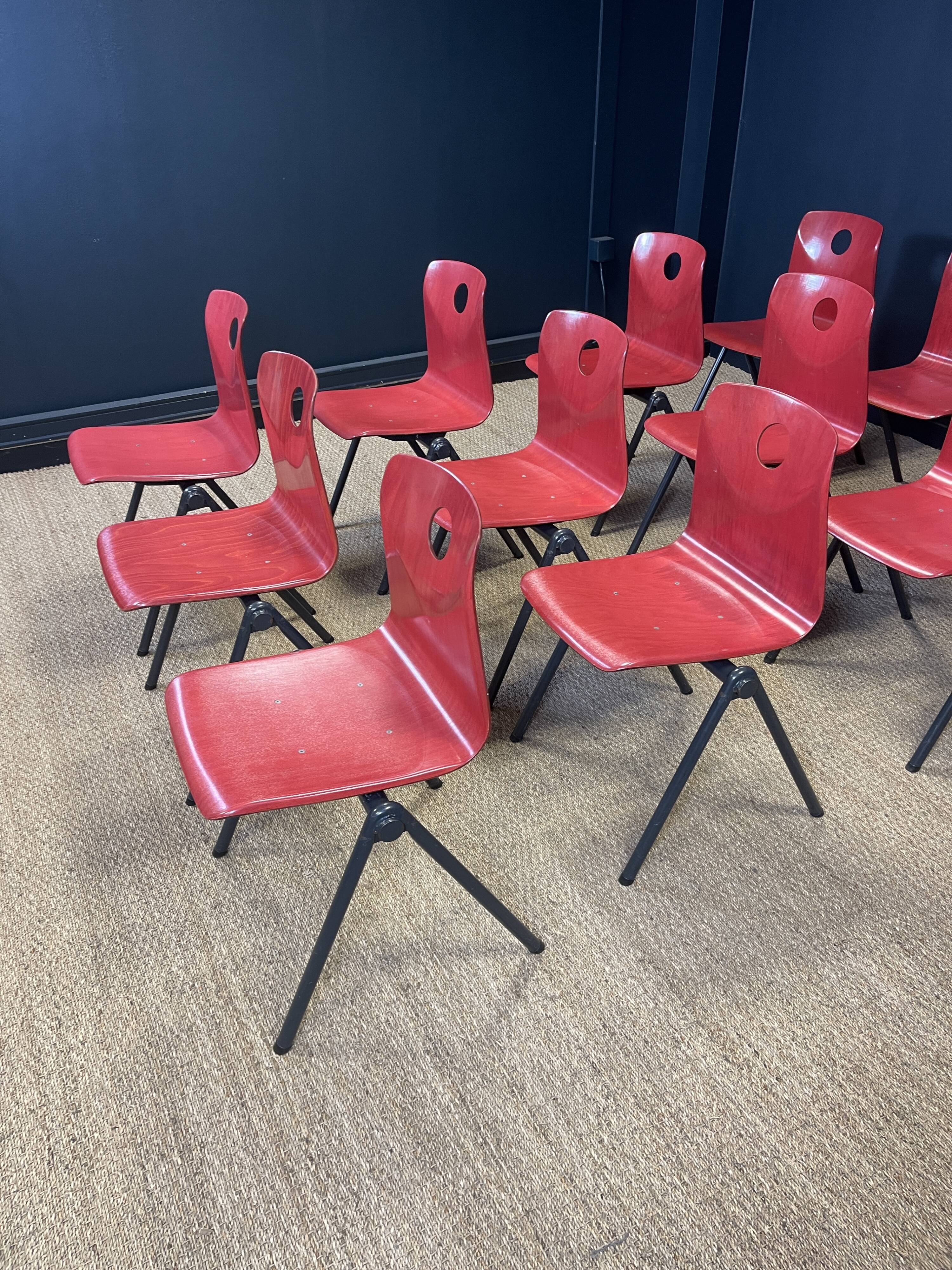 Set of 12 Galvanitas S30 raspberry red and grey steel chairs from the 70s