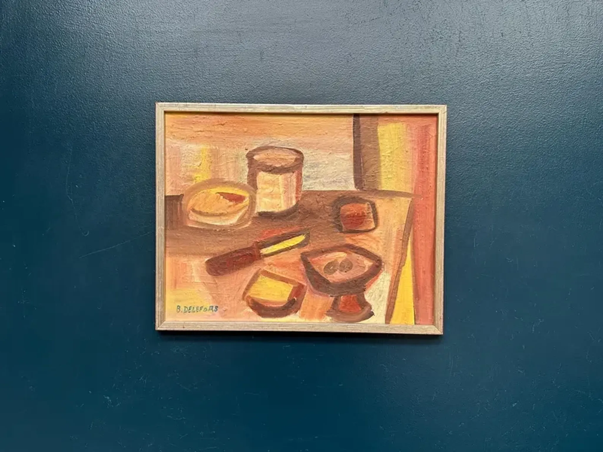 Original Swedish Oil on Canvas – "Breakfast" by Bengt Delefors – Signed "B. Delefors" – Vintage & Framed – 49 × 40 cm (19.3" × 15.7")