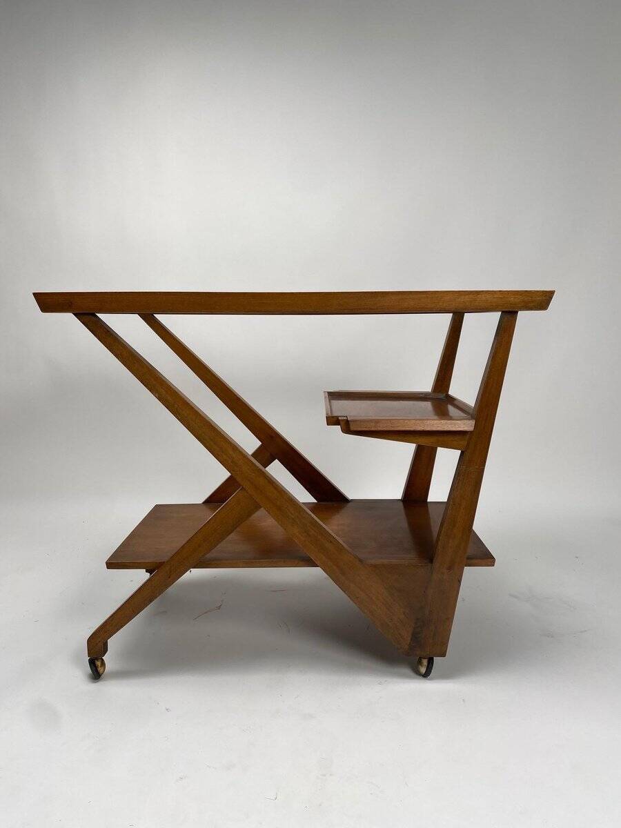 Chariot de bar en bois dans le goût de Charlotte Perriand, Italie années 1950