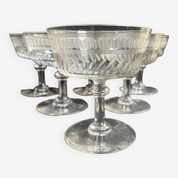 6 champagne glasses in blown, cut and guilloché crystal – Art Deco
