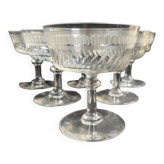6 champagne glasses in blown, cut and guilloché crystal – Art Deco