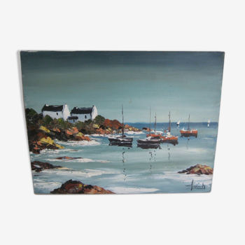 Oil on canvas signed, sailboats in brittany