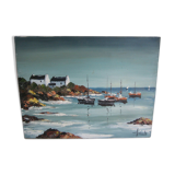 Oil on canvas signed, sailboats in brittany