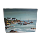 Huile sur toile signée, voiliers en bretagne