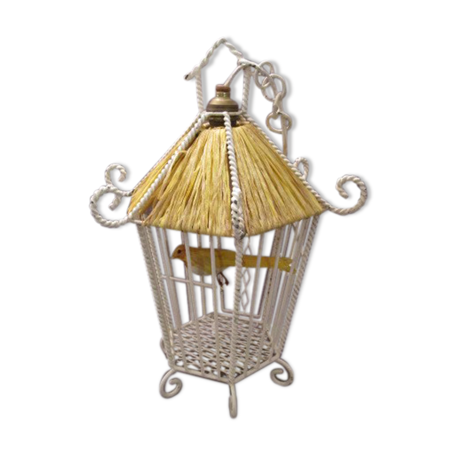 Vintage suspension cage has metal birds and raffia