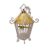 Suspension vintage cage a oiseaux en métal et raphia