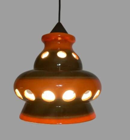 Ceramic pendant lamp, vintage Space Age hanging light, retro 1970s design, pen