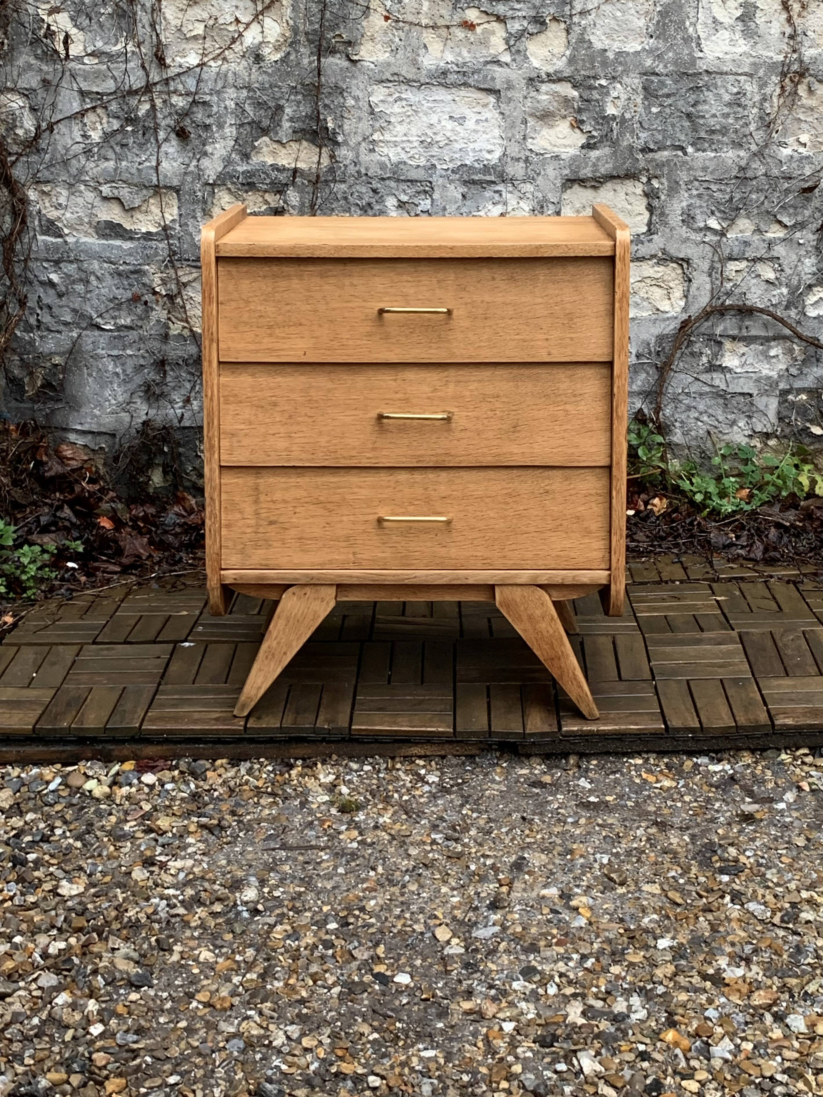 Vintage chest of drawers with compass feet, raw oak, 1960