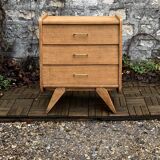 Vintage chest of drawers with compass feet, raw oak, 1960