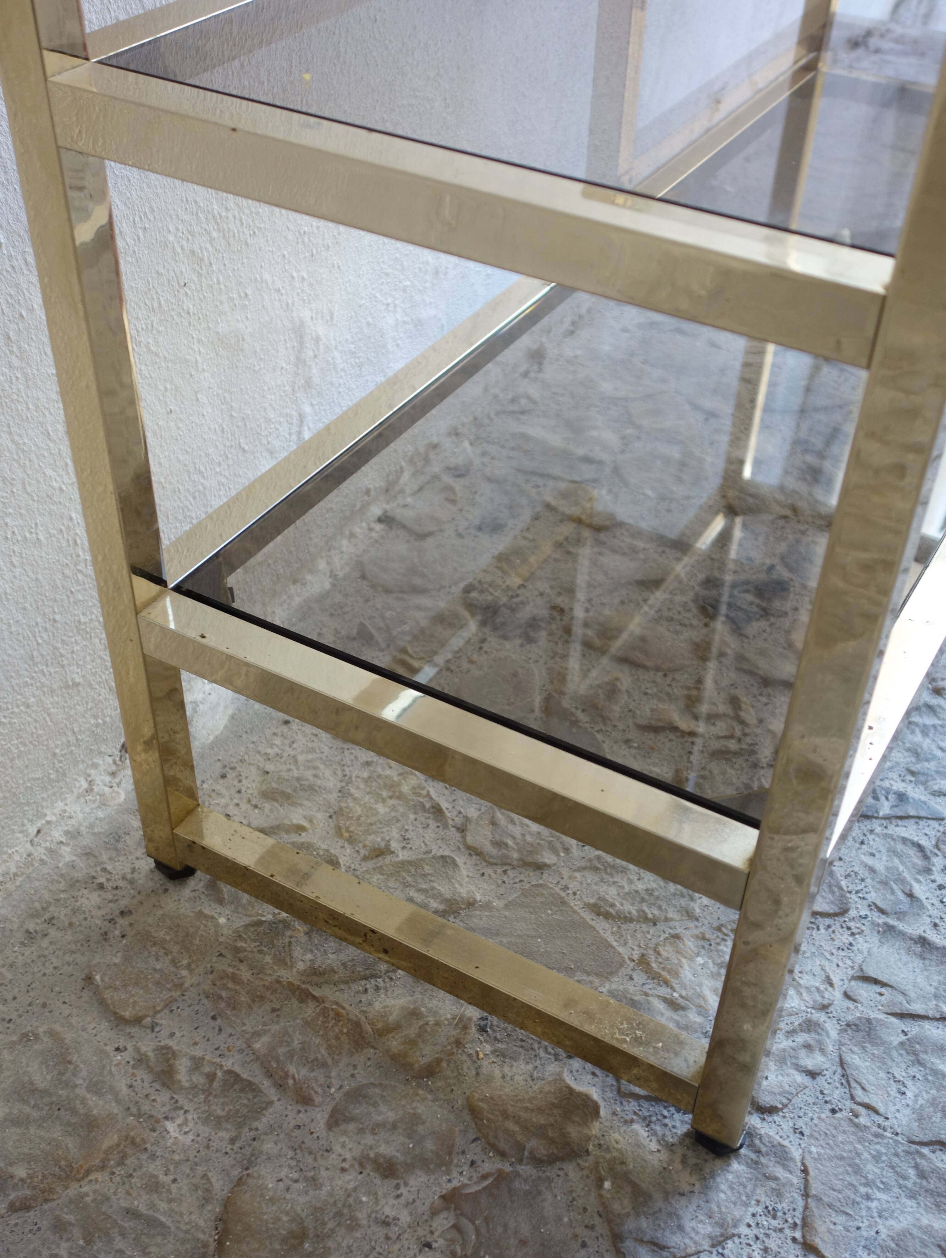 Bookcase or shelf in brass and smoked glass from the 70s