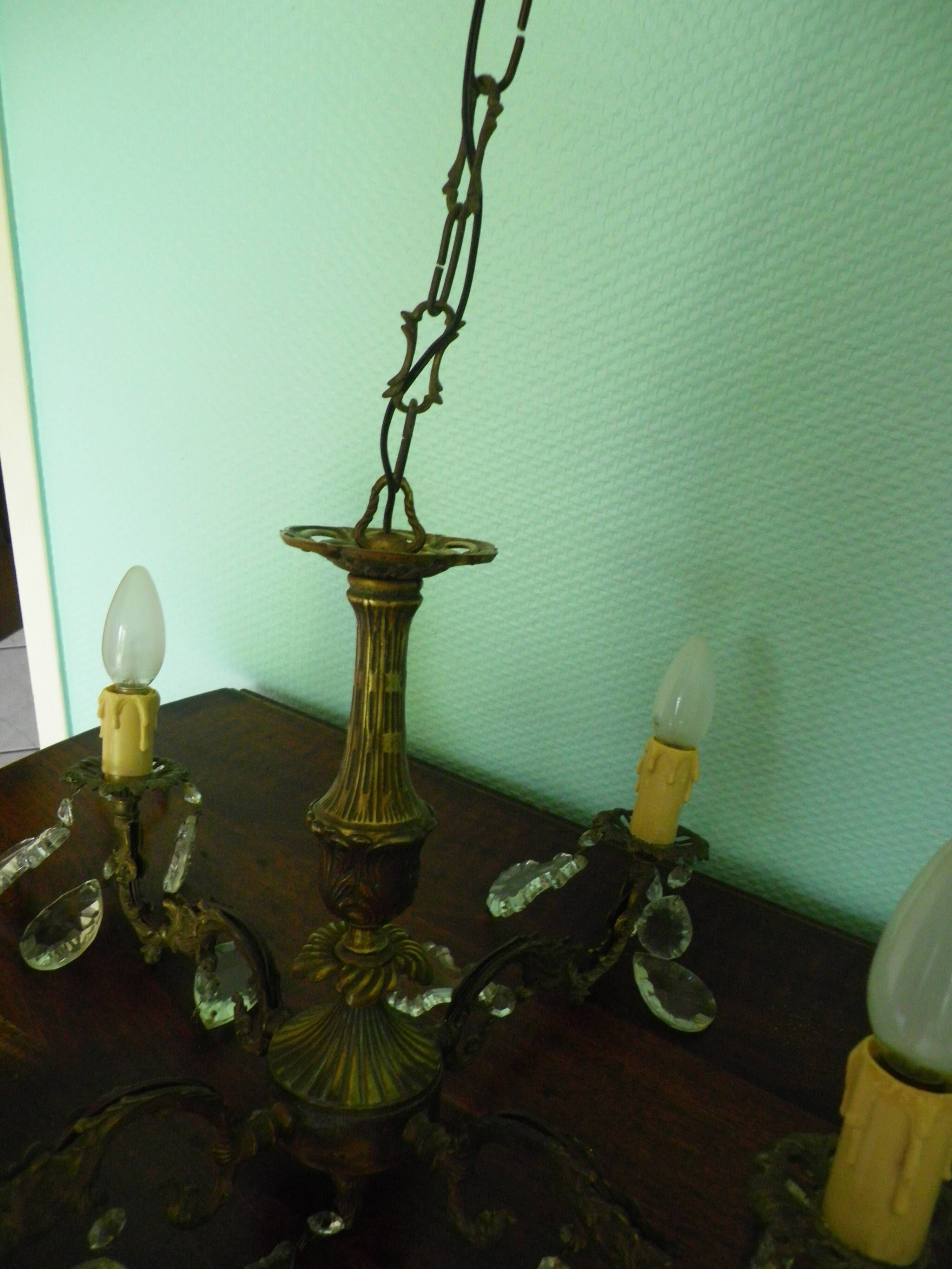 Rococo chandelier with crystal pendants, 4 lights, brass and metal 1950/1960