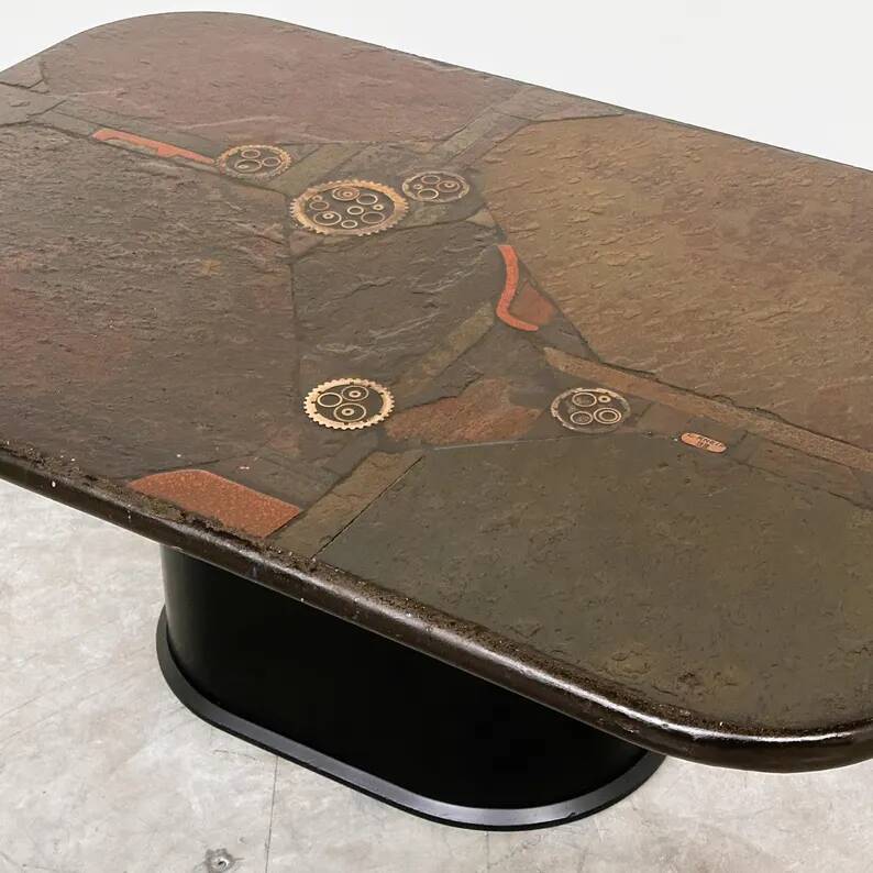 Brutalist coffee table in mixed media by Kneip, signed 1993