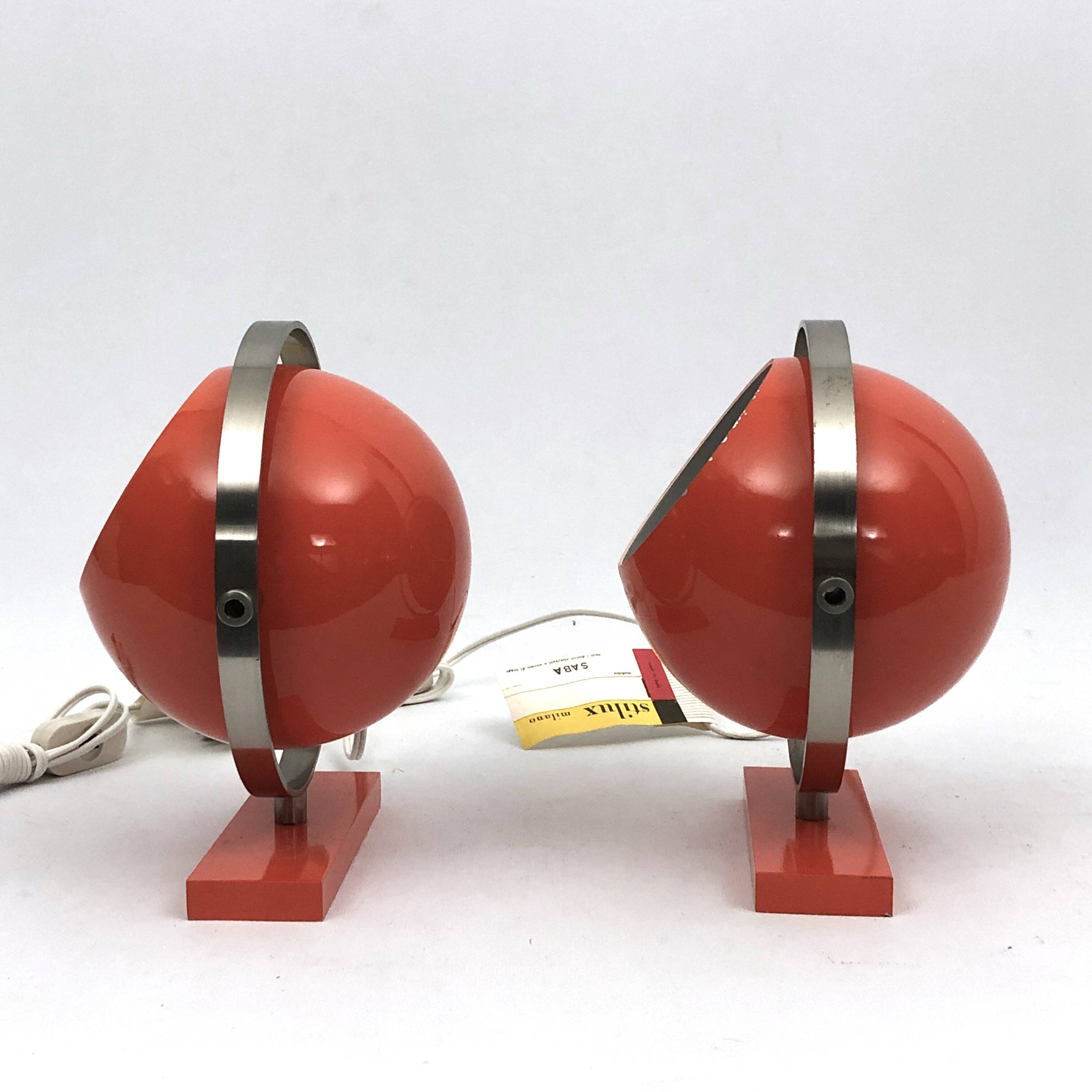 Stilux Milano model Saba, orange globe table lamps from 60s. Set of two