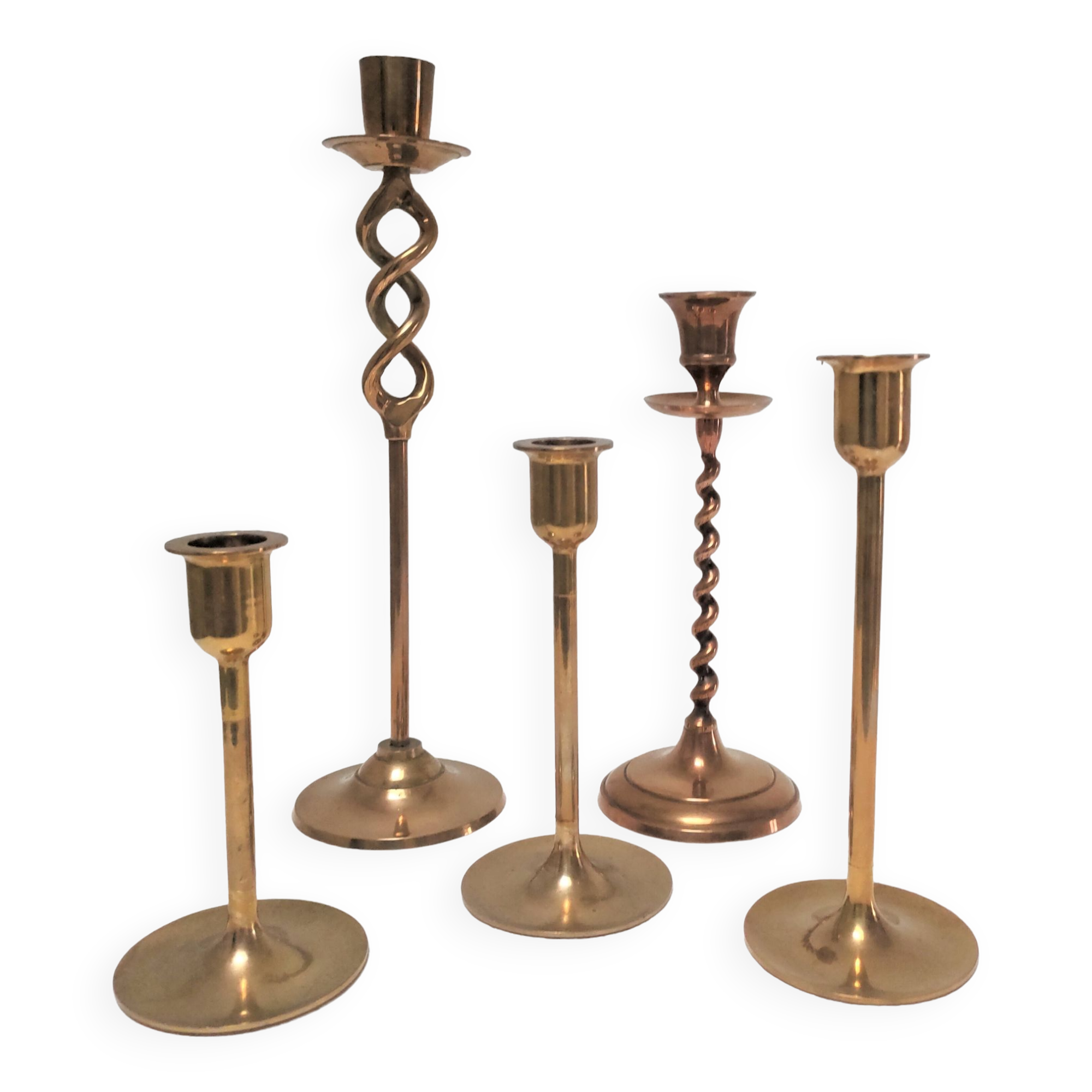 Five solid brass candle holders vintage design 80s