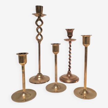 Five solid brass candle holders vintage design 80s