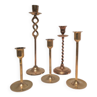 Five solid brass candle holders vintage design 80s