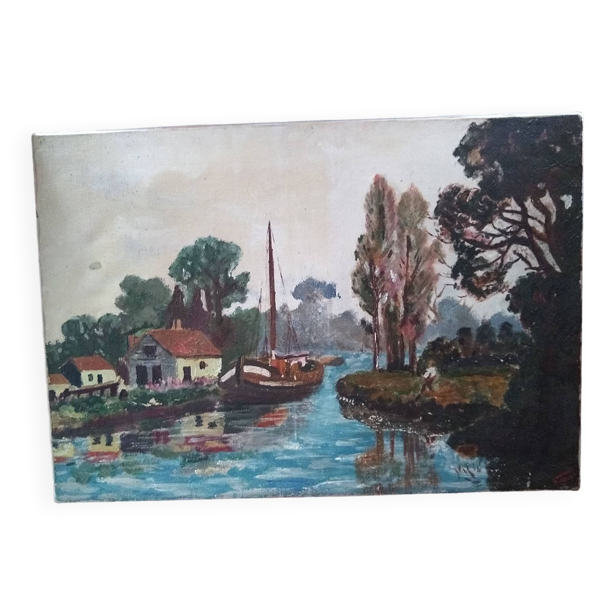 Canal landscape at the barge hst signed