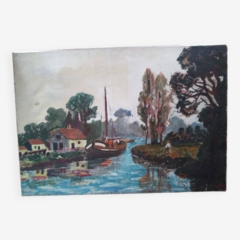 Canal landscape at the barge hst signed