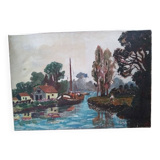 Canal landscape at the barge hst signed