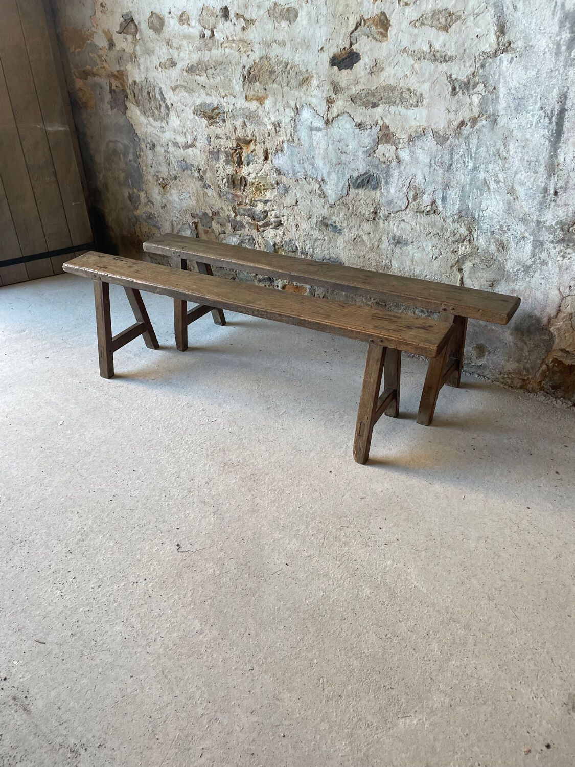 Pair of small antique solid wood benches