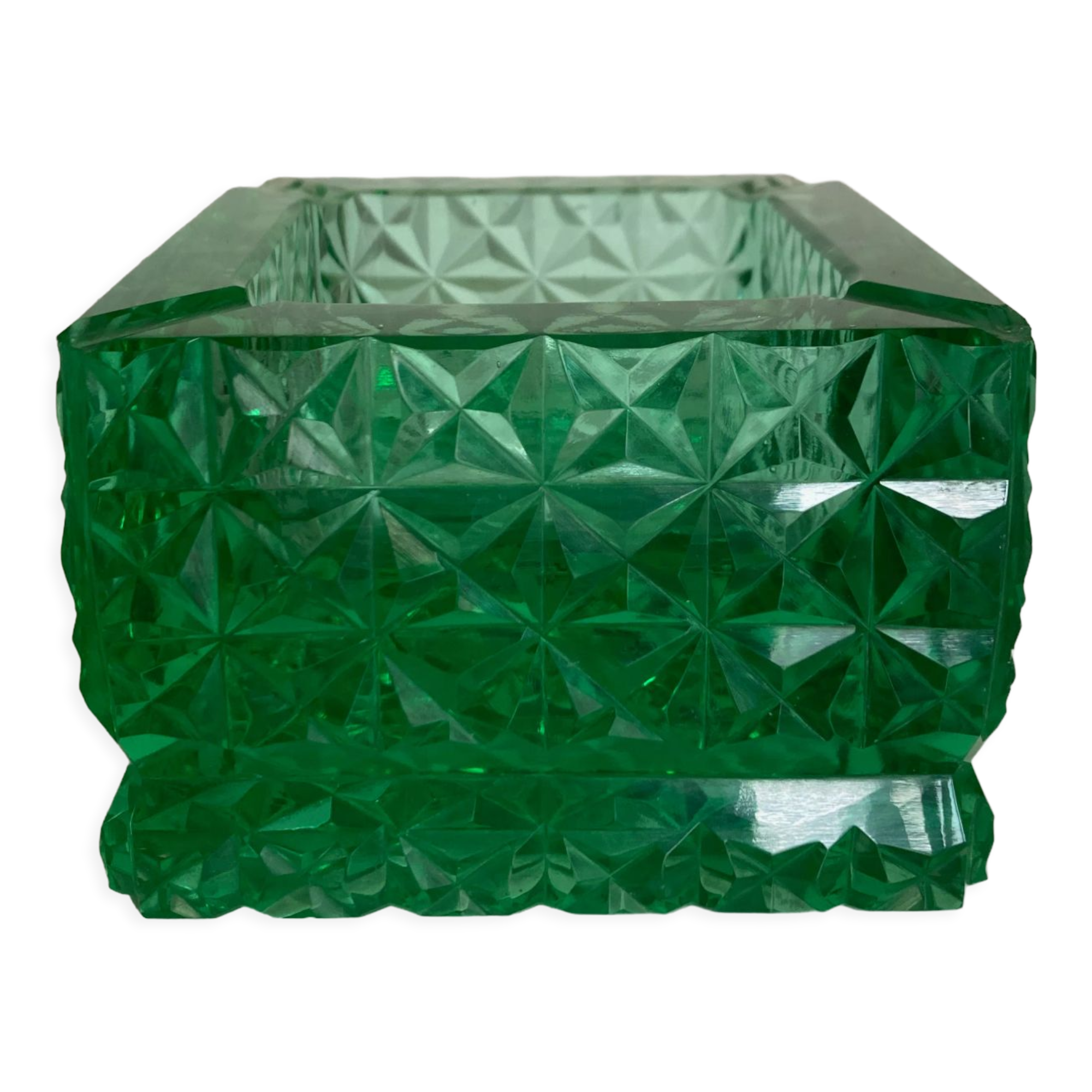 Green diamond cut glass ashtray 1980