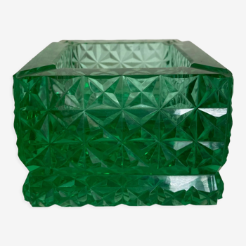 Green diamond cut glass ashtray 1980