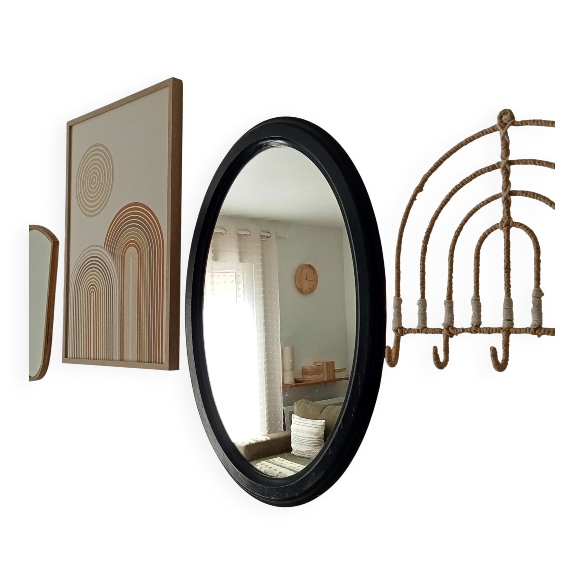 Vintage oval mirror in petrol blue wood