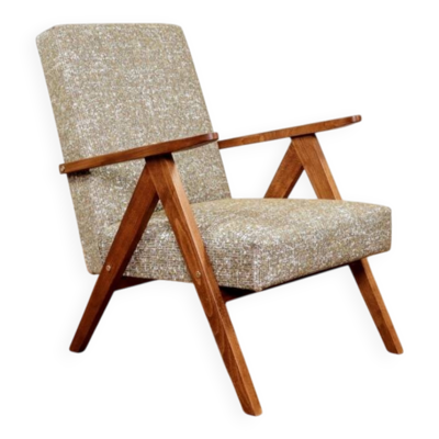 Fauteuil vintage en bois, chaise de salon avec tapisserie en tresse verte.