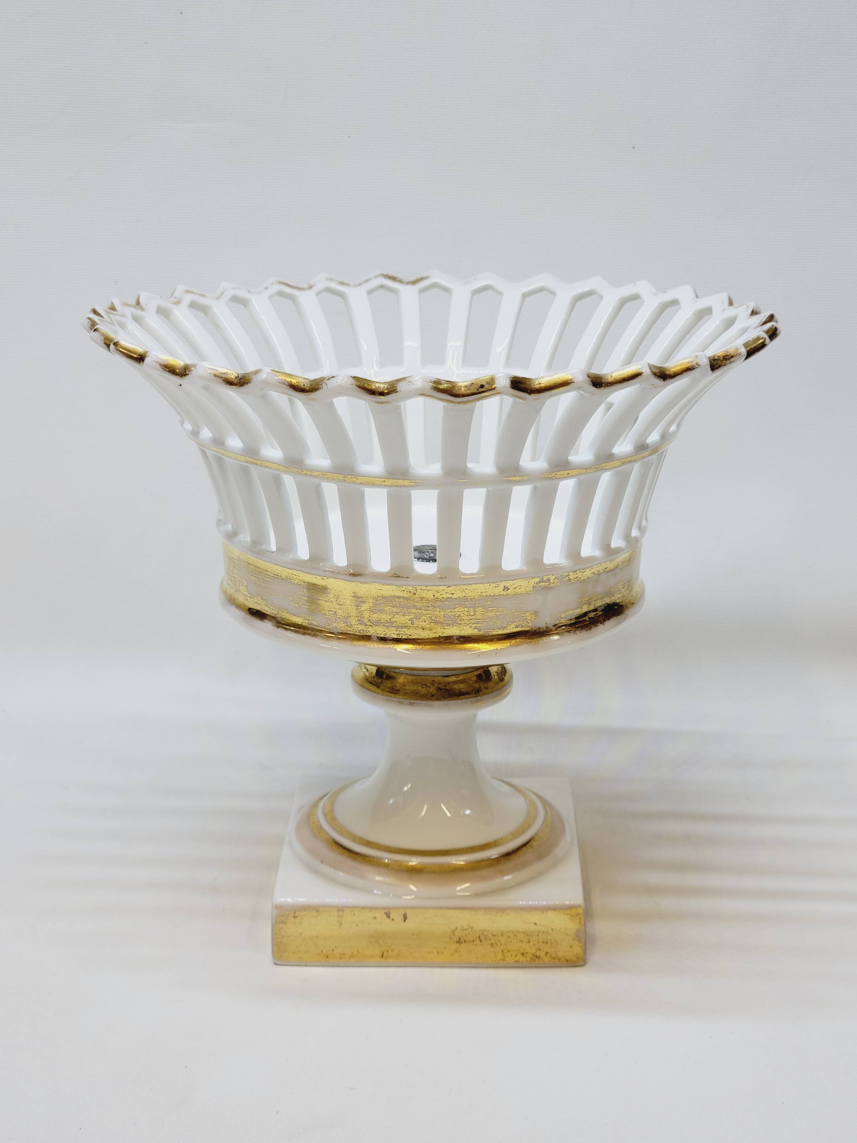 Bowl on Pedestal Openwork Basket White and Gold Porcelain Restoration E