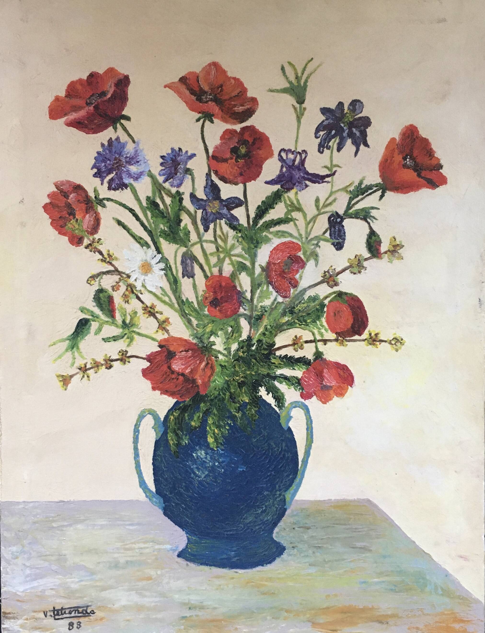 Painting of a bouquet of poppies and cornflowers