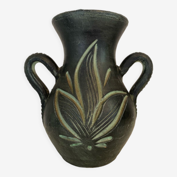 Vase grès vert foncé avec anses