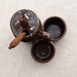 mustard with salt and pepper, brown enamelled sandstone with floral motifs