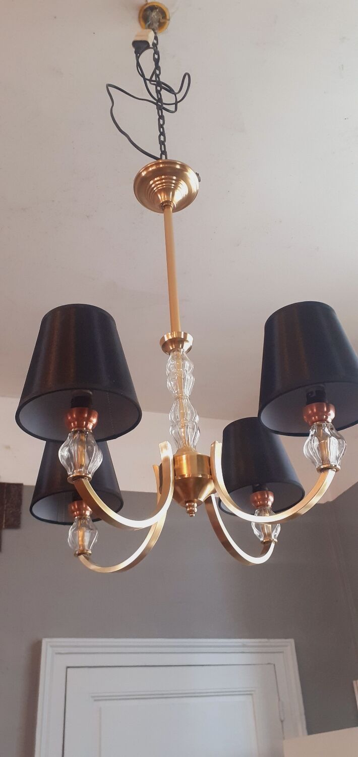 Vintage chandelier year 50 in brass and molded glass