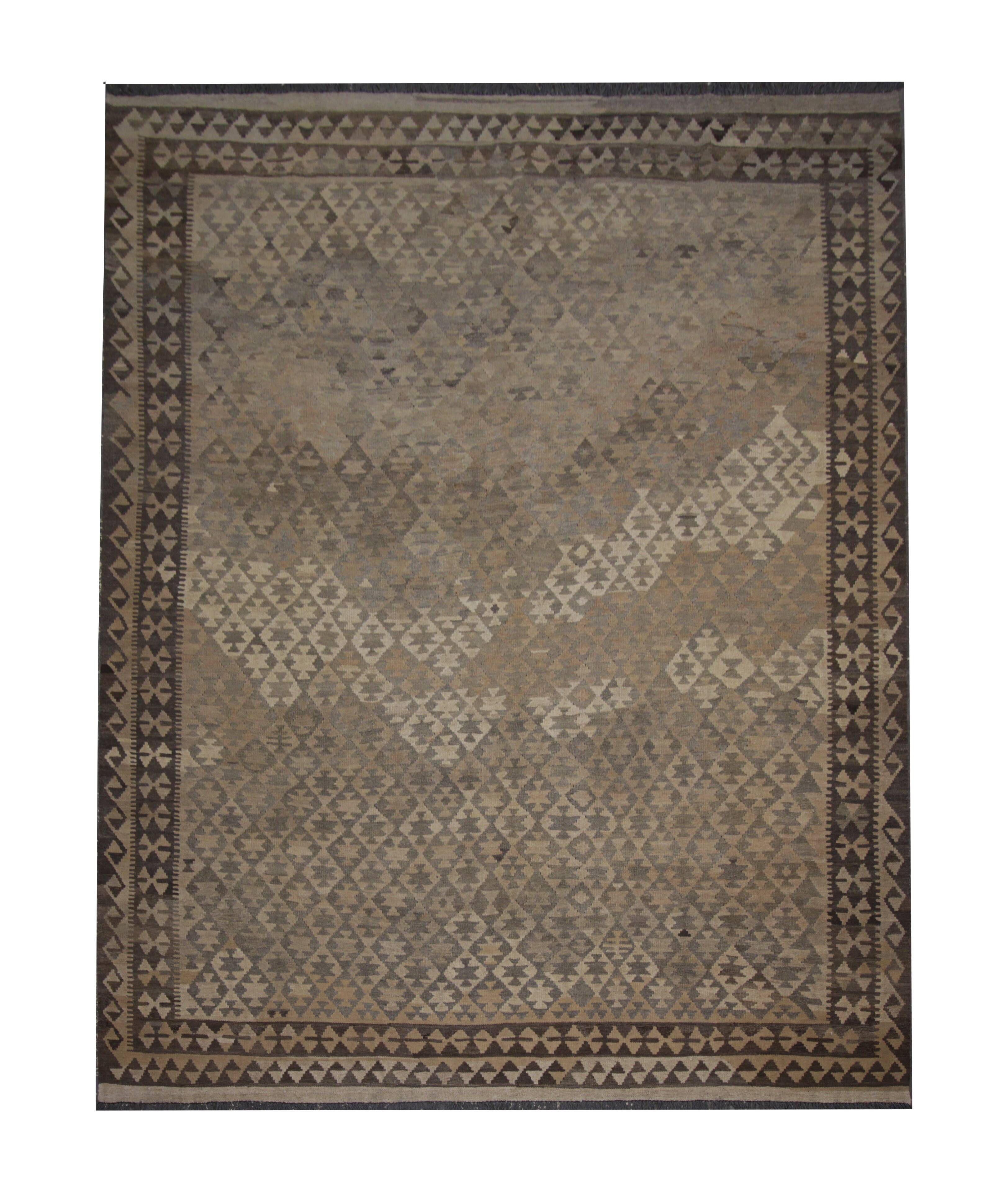 Brown & Khaki Geometric Kilim Rug, Handwoven Wool Carpet 302 x 239 cm