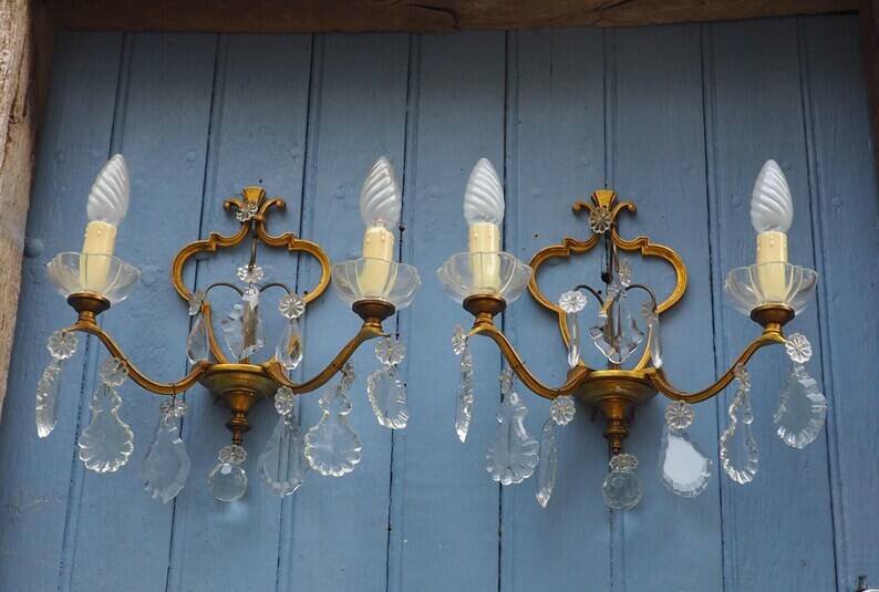 Gilt Bronze French Antique wall Sconces: Crystal Drops, Twin Arms, C1940s
